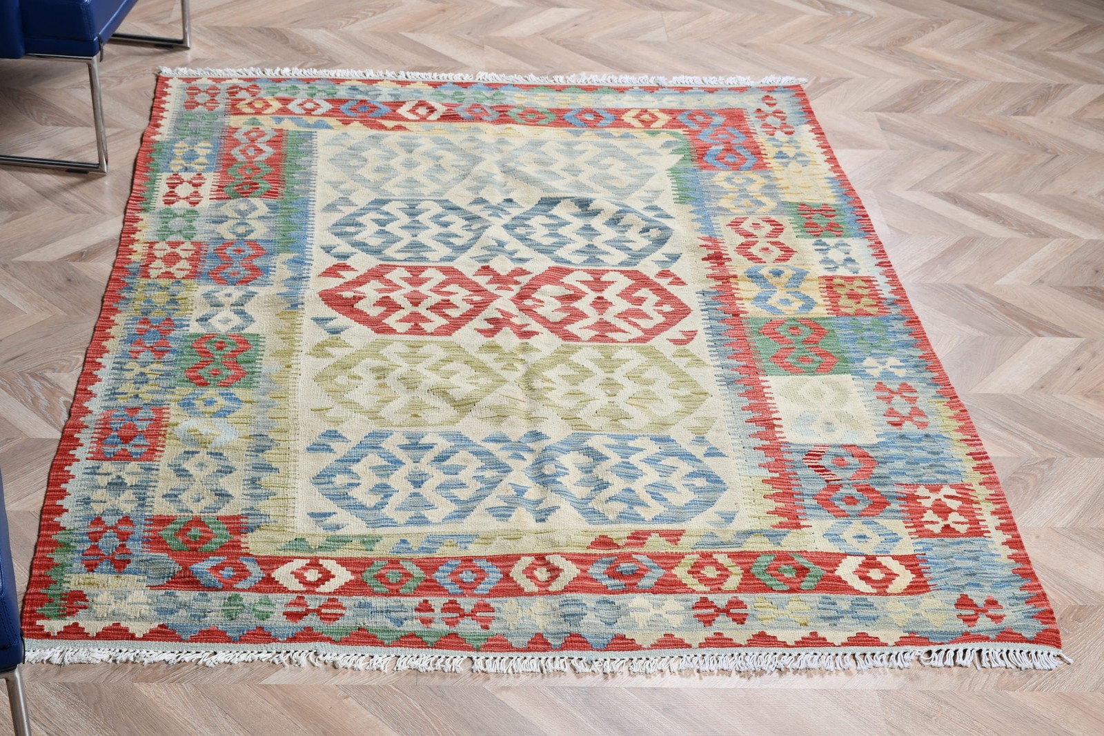 5×6,4 ft Turkish Vintage Rug, Area Rug, Blue Kilim Handmade Rug