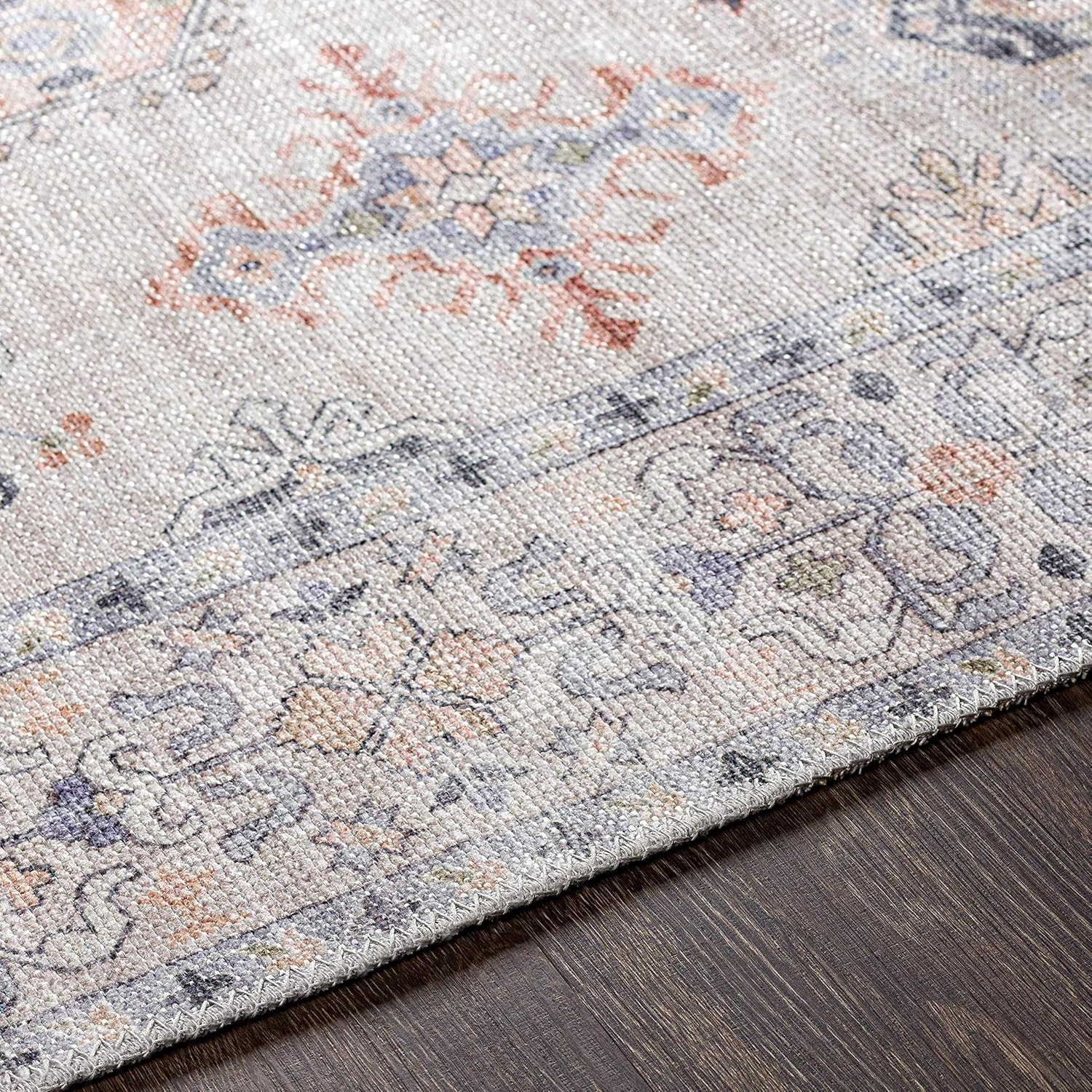 Hauteloom Beckett Machine Washable Area Rug – Distressed Border Medallion Diamon