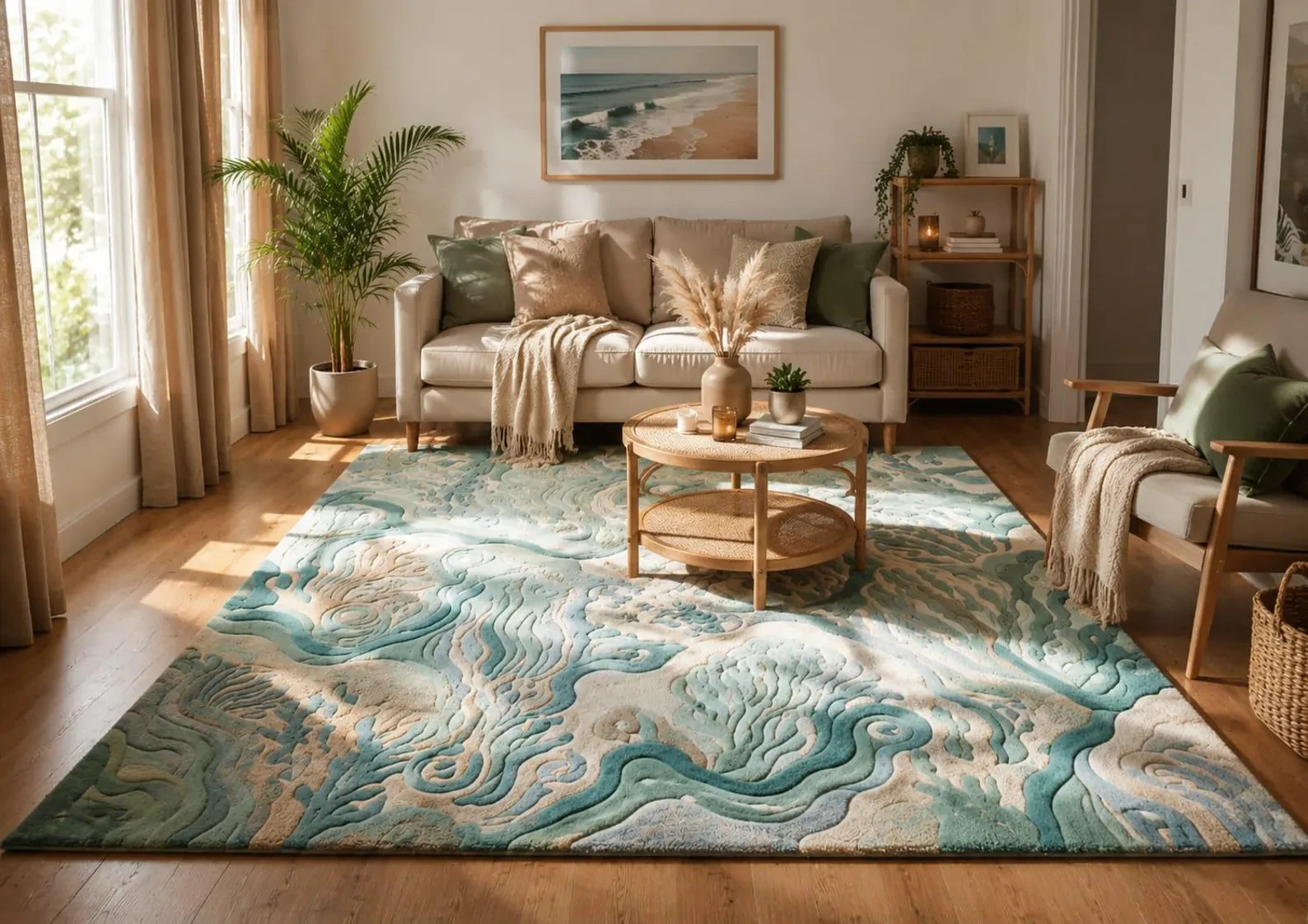 Ocean Breeze Coral Reef Hand Tufted Wool Rug – Luxury Coastal Area Rug Carpet.