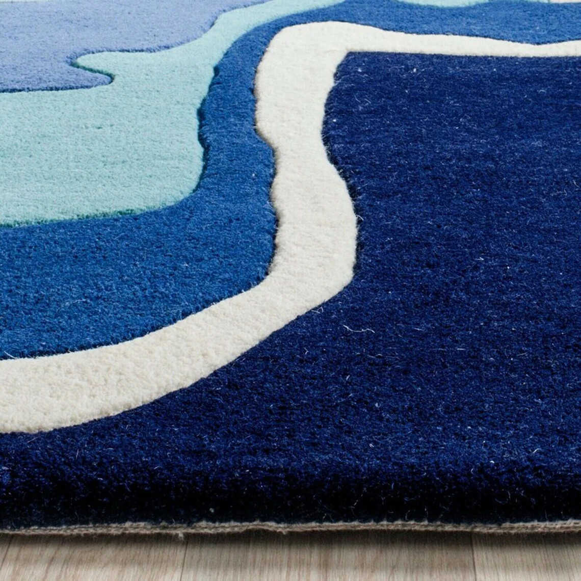 Modern Floral Rug Navy Gray Blue White Multi Colored Hand Tufted Wool Rug 5×8
