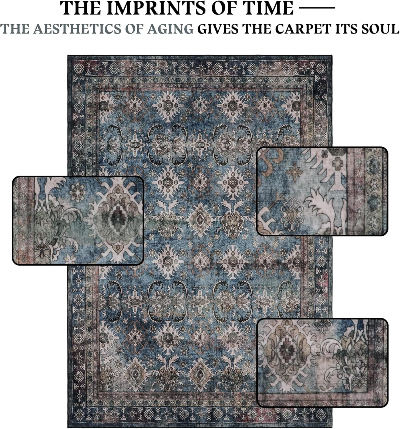 Area Rug for Living Room: 8X10 Dark Blue Navy Washable Boho Vintage Area Rugs –