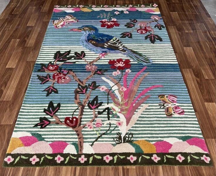Bird Hand Tufted Nathalie Lete Tufted Wool Rug Multi Colored Soft Rug 5×8 6×9 .