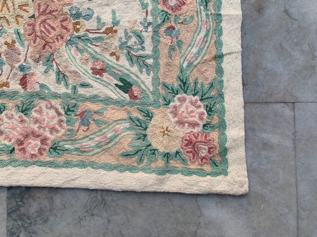 Vintage French Aubusson Needlepoint Rug 3×5 Ft Handmade Chain Stitch Medallion