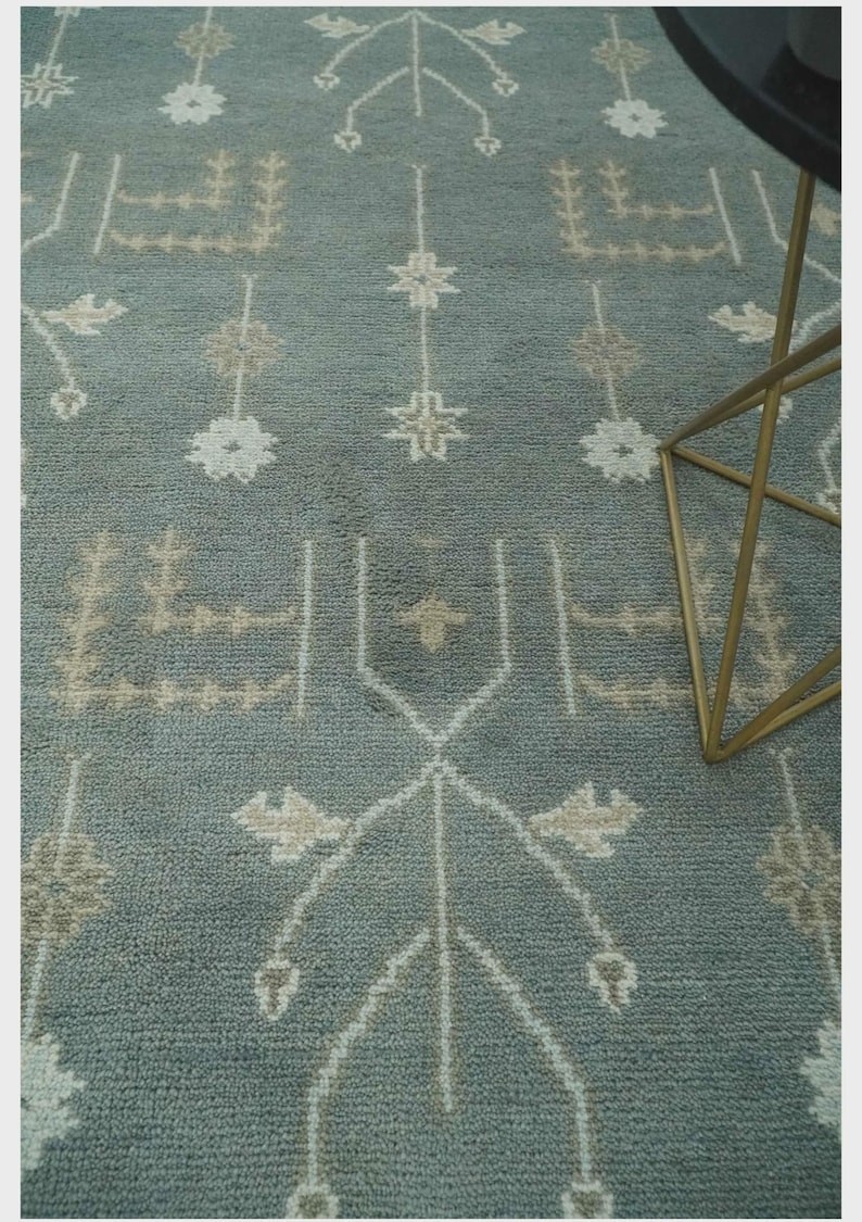 Antique Look Oushak Rug Grey Green Hand Knotted Wool Turkish Area Rug for Home.