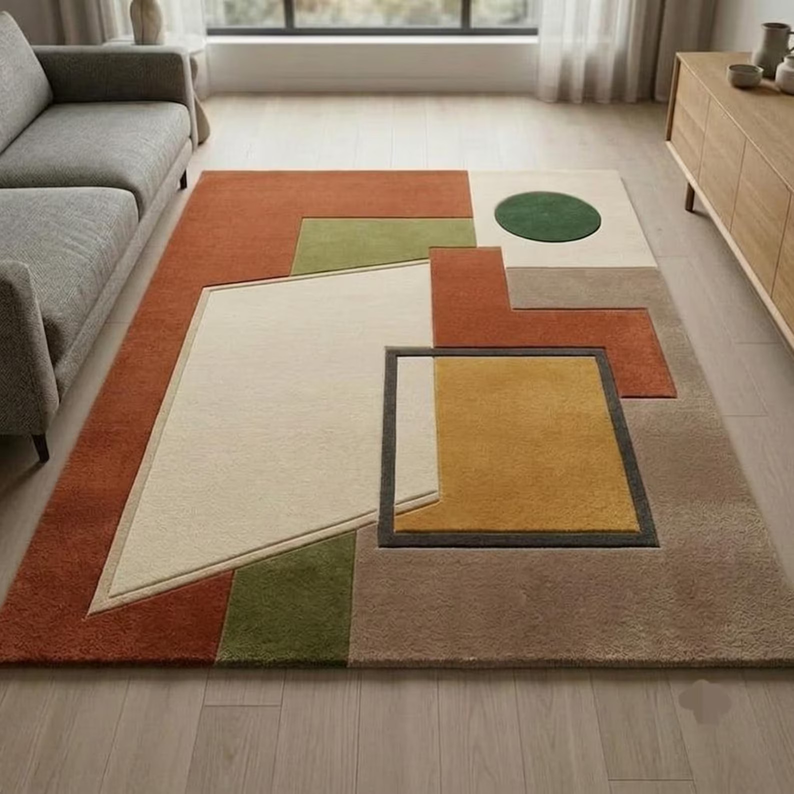 Hand Tufted Wool Rug, Modern Geometric Area Rug, Abstract Multicolor Carpet.
