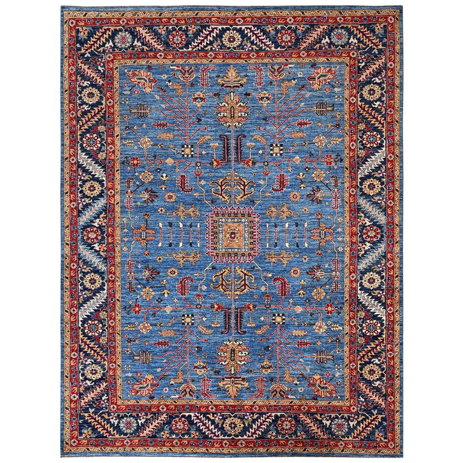 8’10″x12′ Blue Hand Knotted Afghan Peshawar with Heris All Over Design Wool Rug