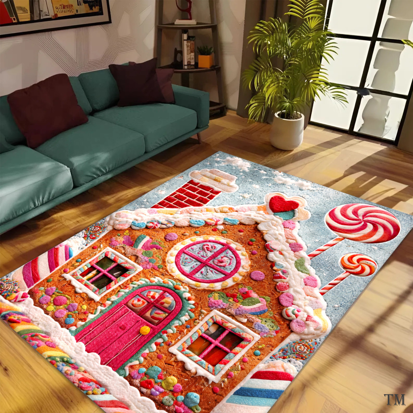 Colorful Gingerbread House Christmas Area Rug, Candyland Holiday Carpet, Festive