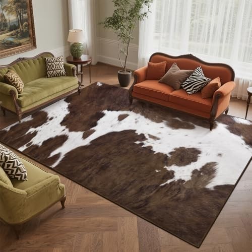 Washable 5×7 Area Rug – Soft Non-Slip Cowhide Print for Living Room, Bedroom, Of