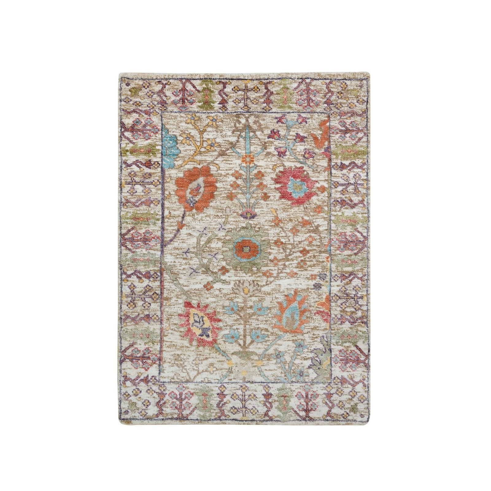2’2″x3’1″ Taupe Directional Vase Design Silk/Wool Hand Knotted Mat Rug R65923