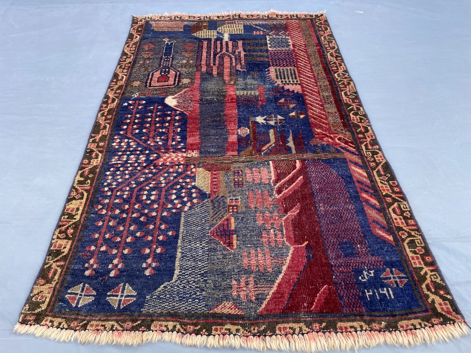 2×4 Rare Baluchi Pictorial Rug Afghan Wool Carpet Folk Art Village Landscape
