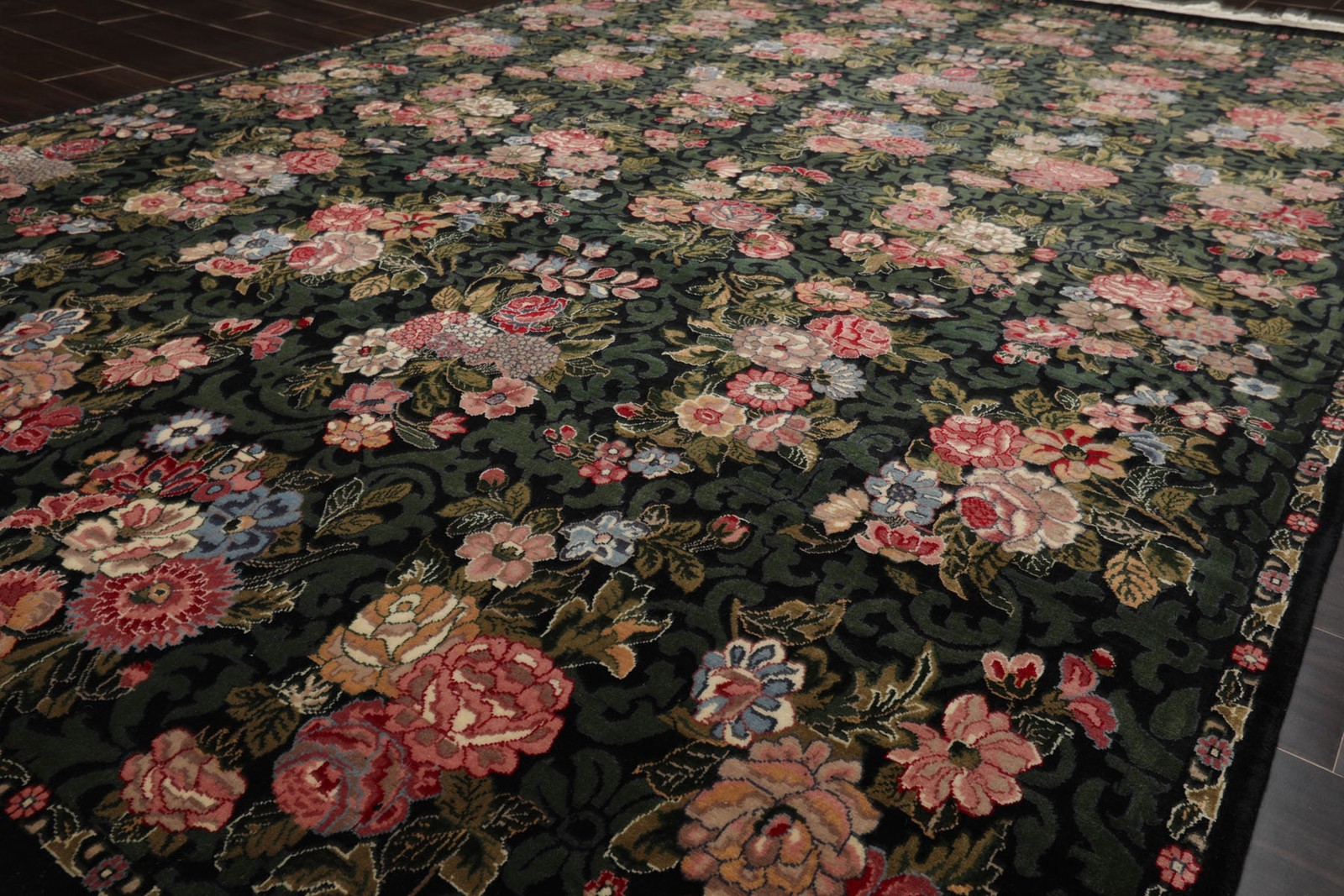 6’1”x9′ Hand Knotted Wool Black French Aubusson Savonnerie 300 KPSI Floral Rug