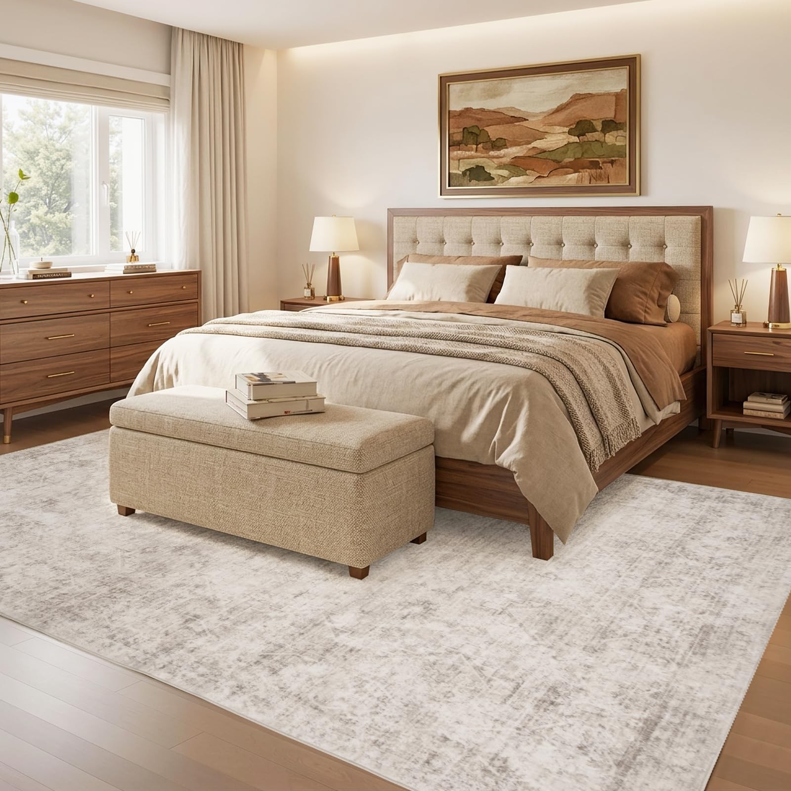 8×10 Area Rug Beige, Machine Washable, Non-Slip, 0.24″ Low Pile – Soft Stain