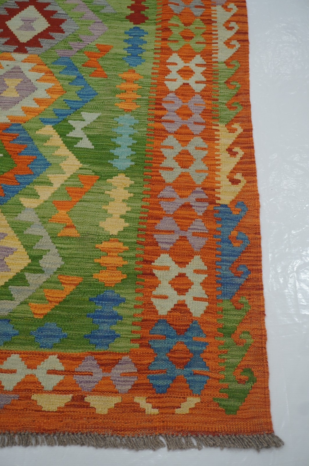 8×11 ft Green Afghan Handmade Geometric Wool Kilim Area Rug (8’4″x11’6″)