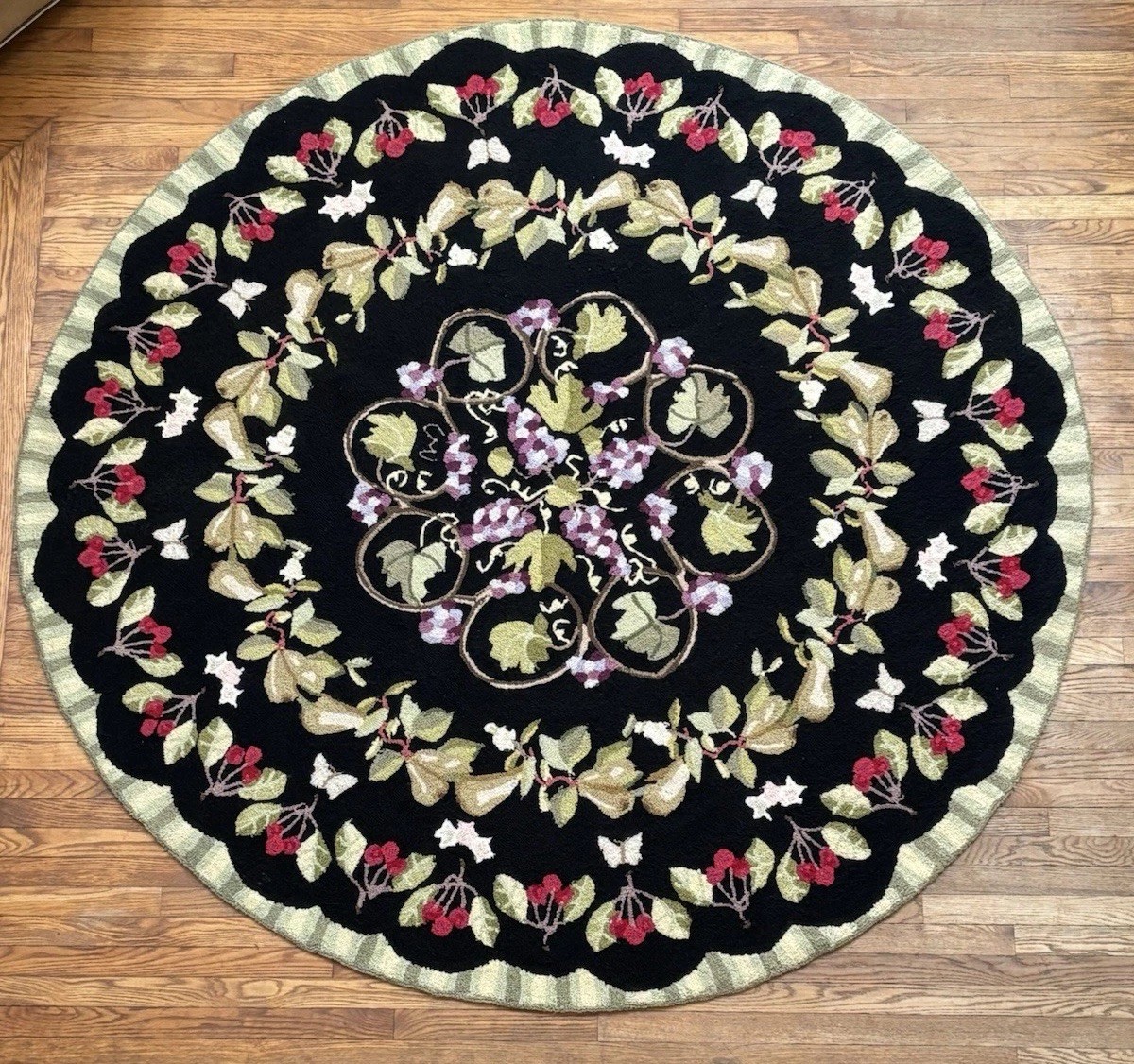 Claire Murray Hand Hooked Wool Large Round Rug 7’ Cherries Botanical Fruit