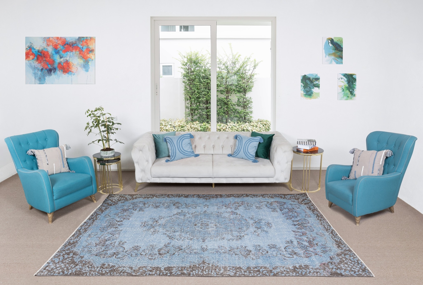 6.4×10.2 Ft Handmade 1960s Turkish Rug Re-Dyed in Light Blue for Modern Interior