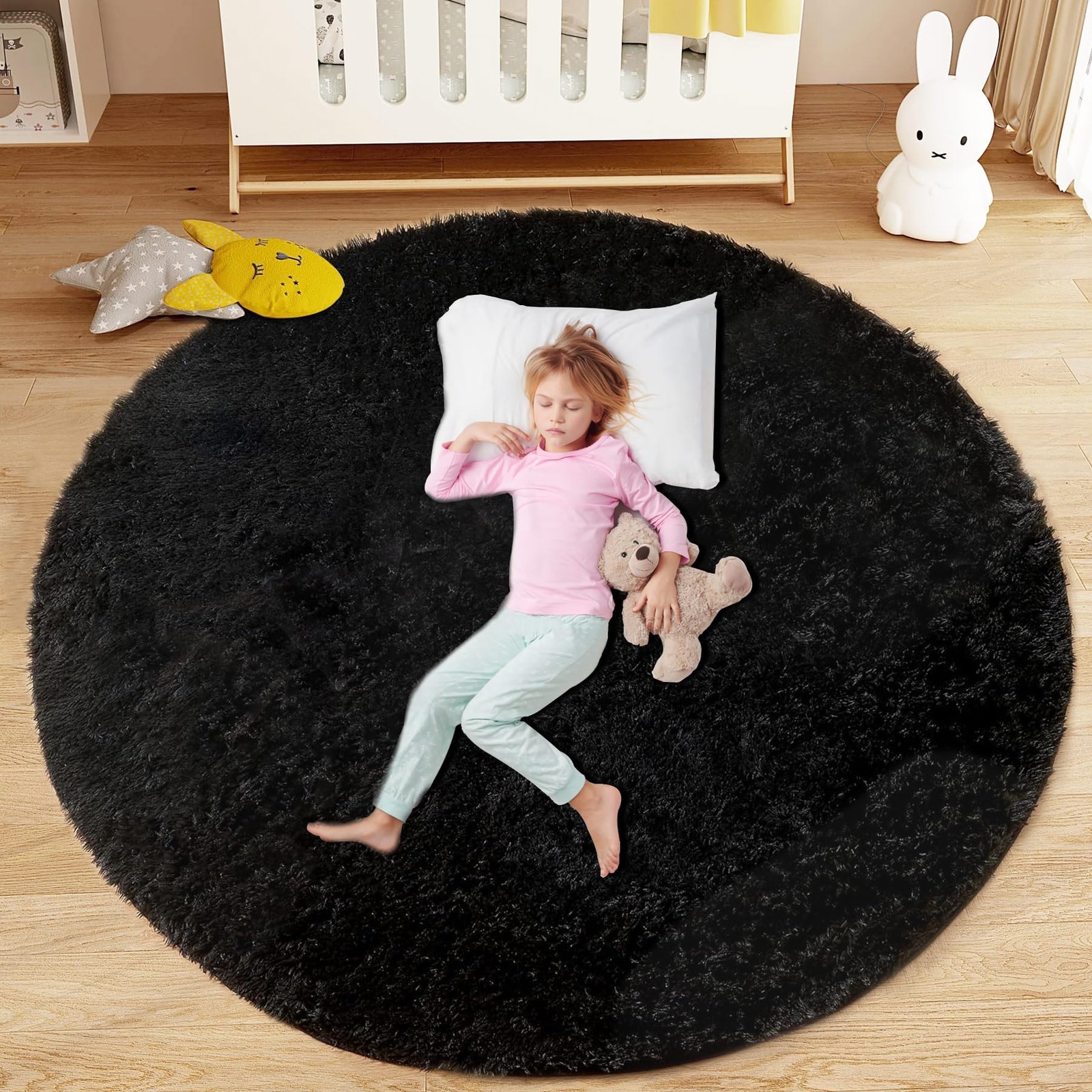 Black Round Rugs for Bedroom: 4ft Circle Fluffy Shag Soft Washable Rug Small …