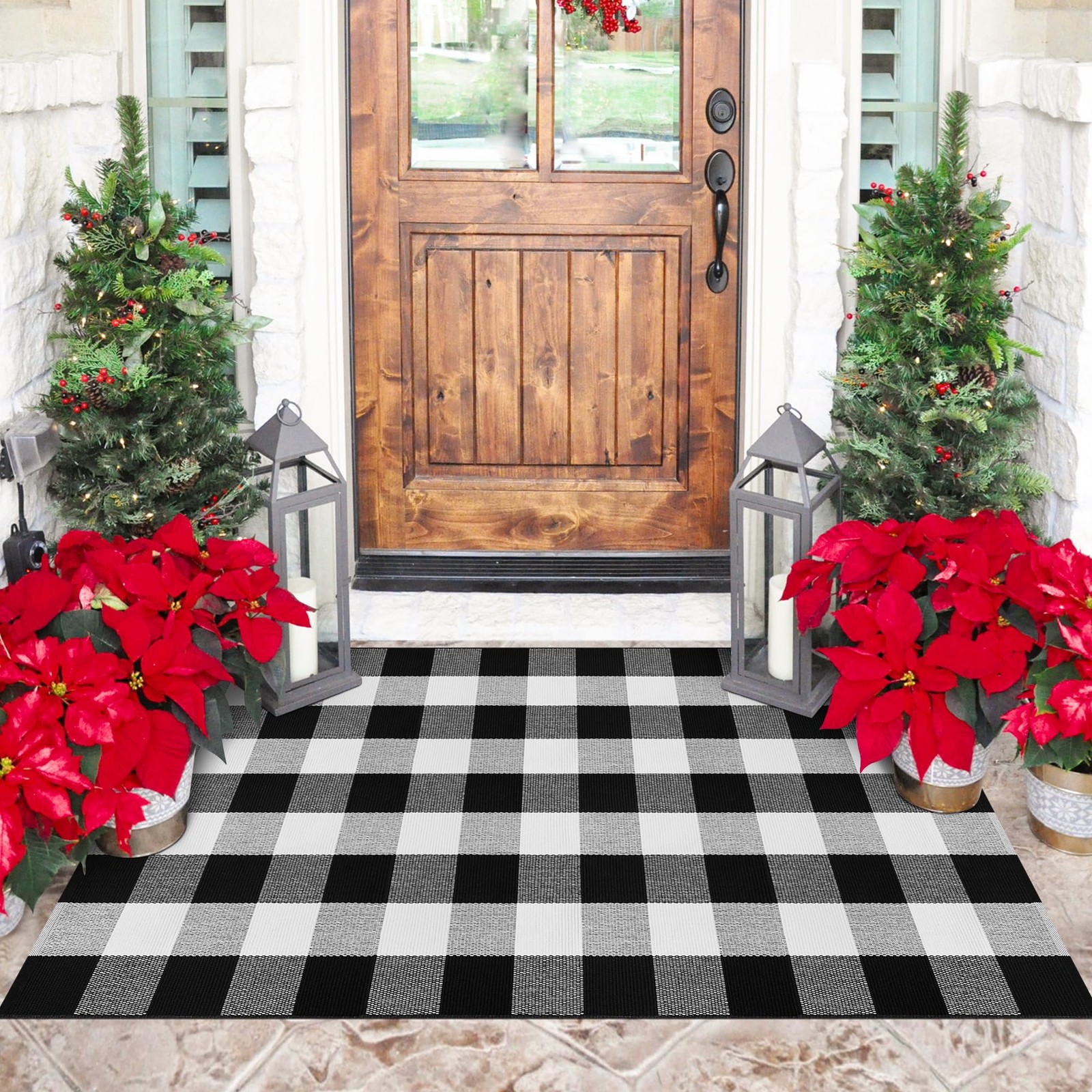 Buffalo Plaid Area Rug 3×5 Front Door Mat Black and White Checkered Rug Washa…