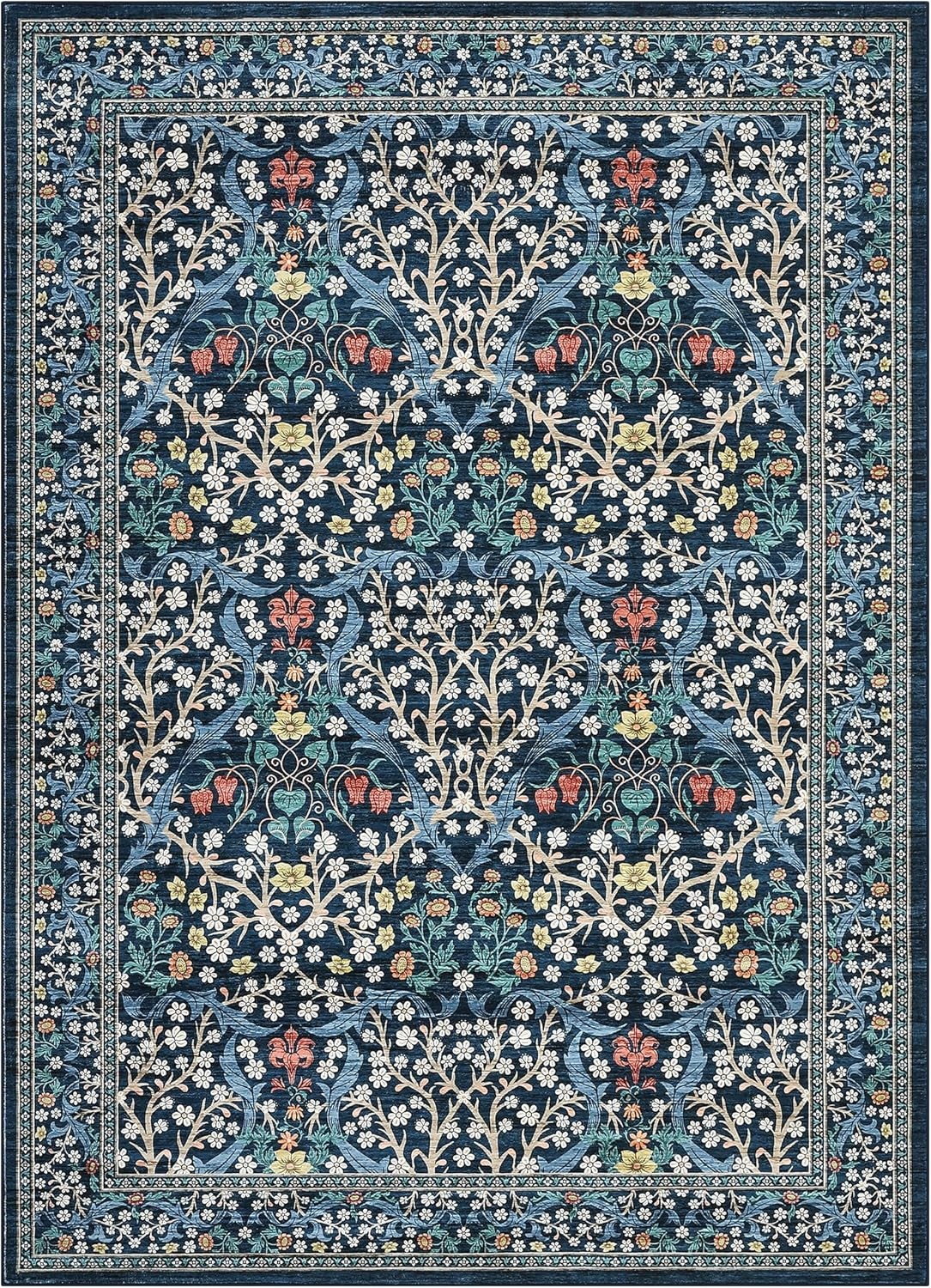 Floral Area Rugs 5X7, Dark Blue Washable Rug for Living Room, Bedroom, Low Pile