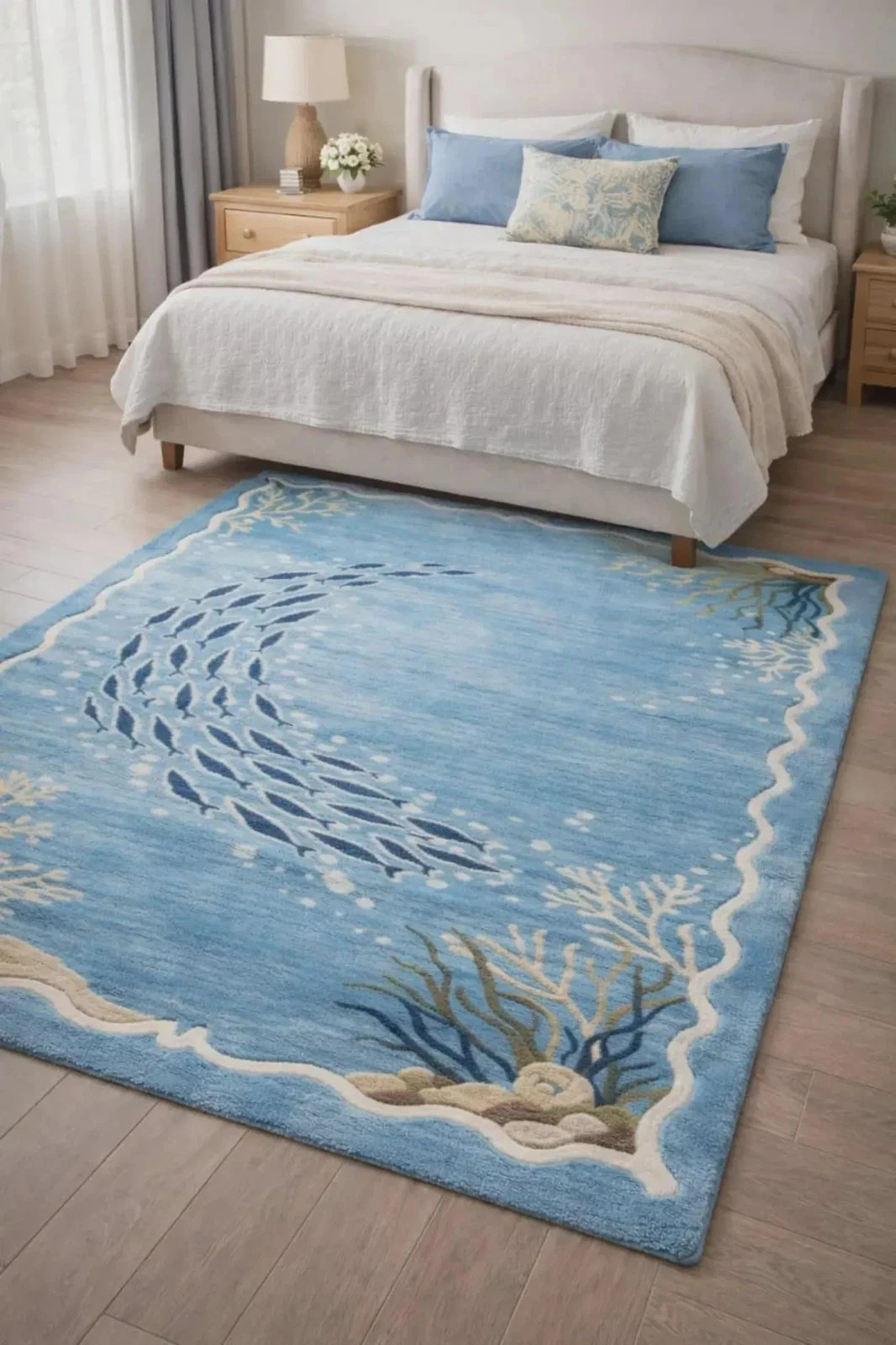 Handmade Wool Area Rug, Nautical Ocean Fish Pattern, Modern Coastal Room Carpet