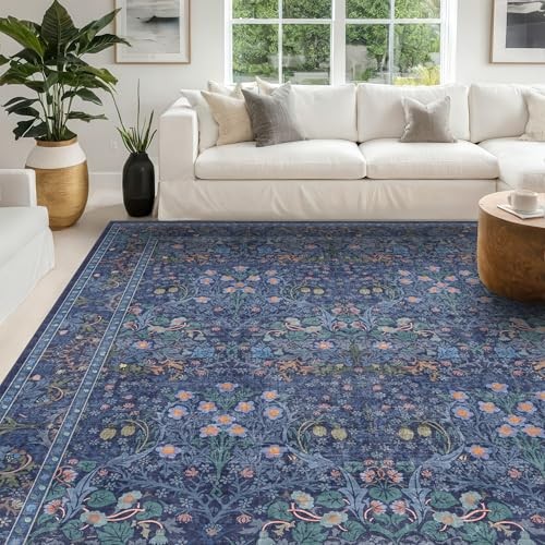 Dark Blue Living Room Rug 8×10, Vintage Floral Washable Area Rugs for Bedroom,