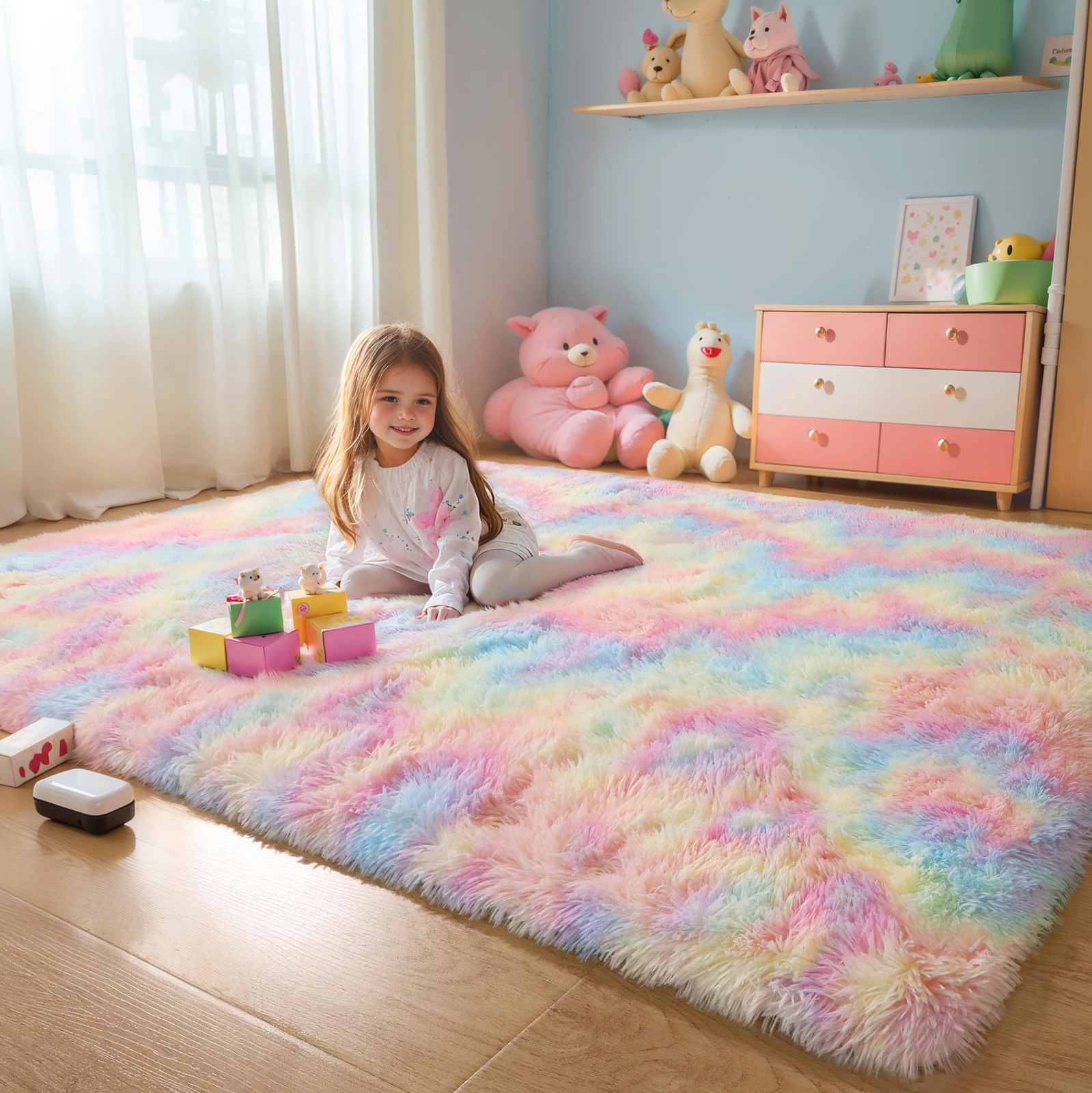 Washable 4X6 Rainbow Fluffy Shaggy Area Rugs Kawaii Princess Soft Plush Carpet