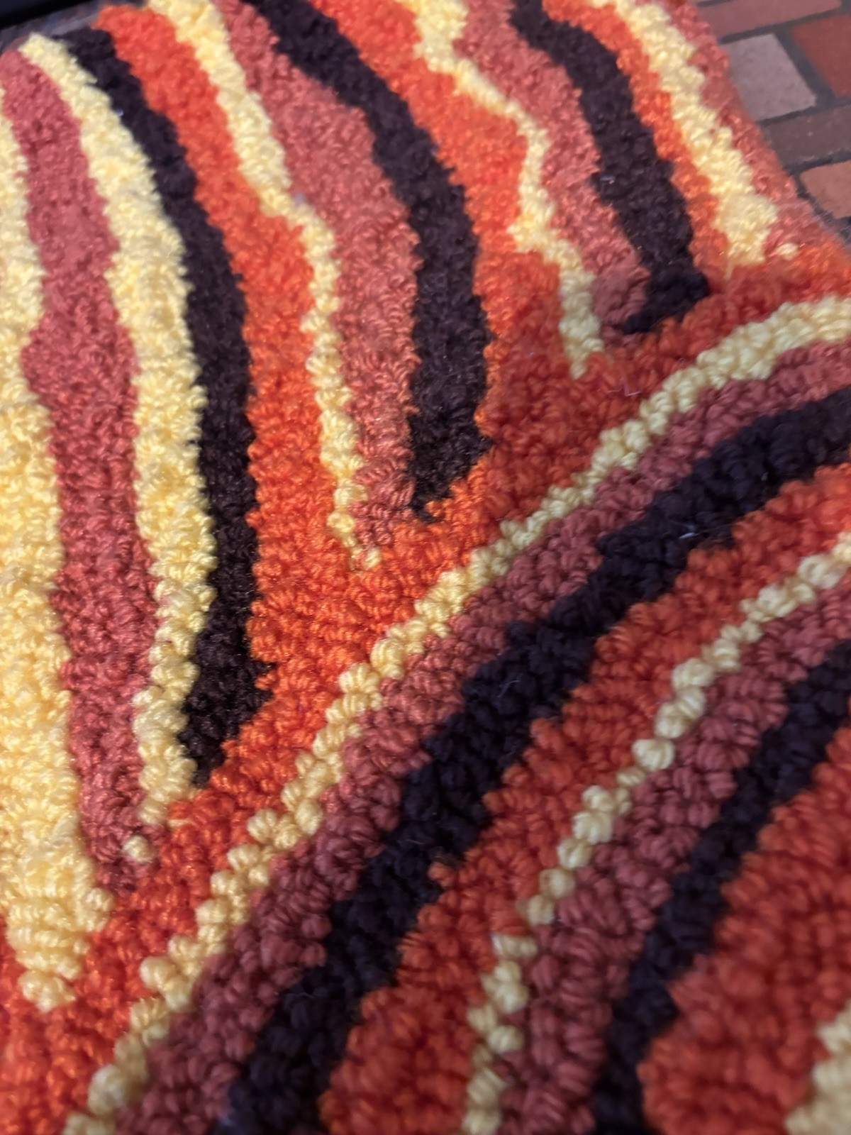 Handmade Woven Rug Groovy 70s 80s Retro Vintage Hippie Orange Yellow Brown Swirl