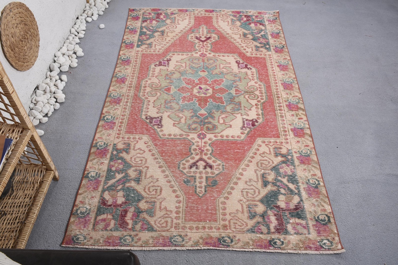 4,2×6,8 ft Rug, Turkish Vintage Rug, Red Blue Animal Print Rug