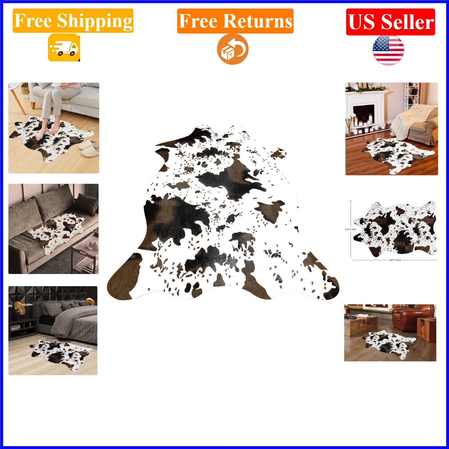Cow Print Faux Cowhide Area Rug 3.6×2.5ft for Living Room & Bedroom