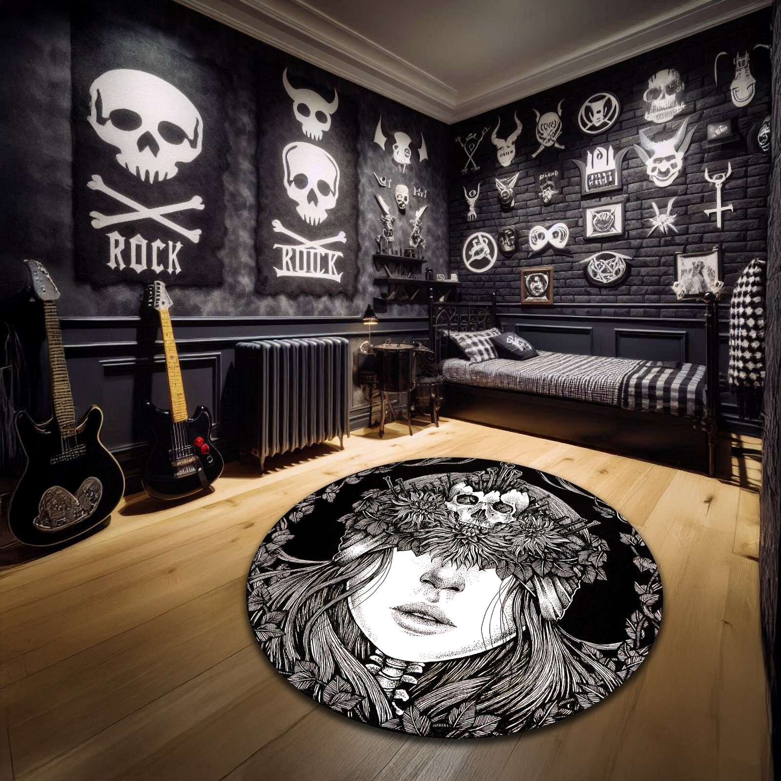 Black and White Gothic Round Carpet Skull Spooky Rug Horror Halloween Decor