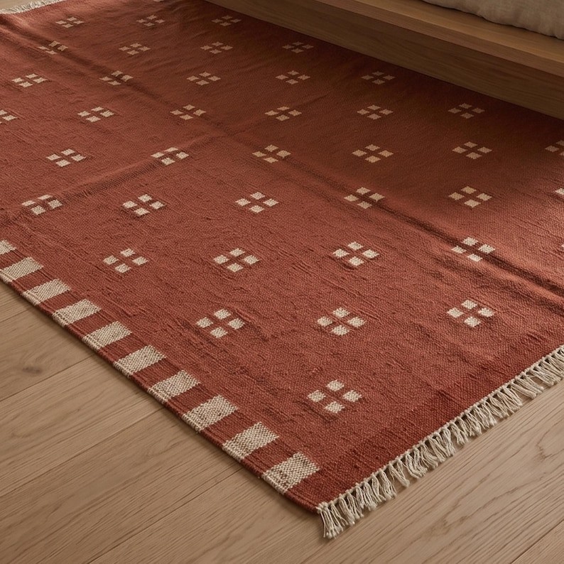 Scandinavian Red Swedish Kilim Tile Rug Handmade Flat weave Boho Large Area Rug