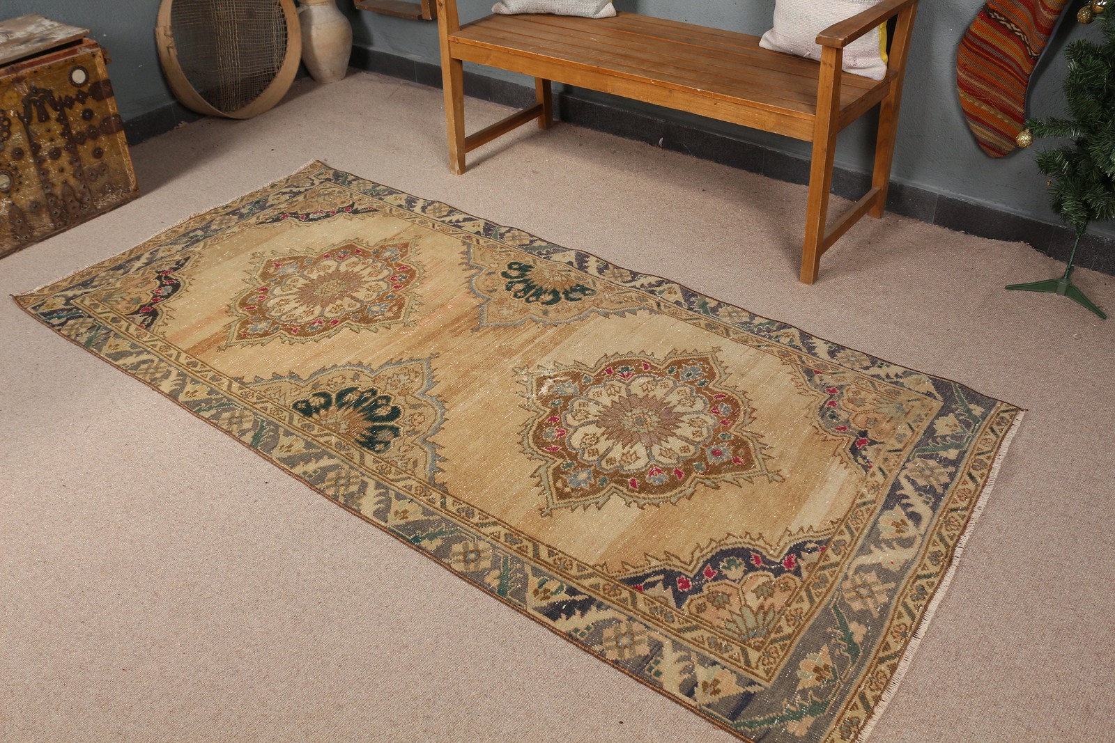 Vintage 3,5×7,4 ft Area Rug, Turkish Rug, Brown Abstract Rug