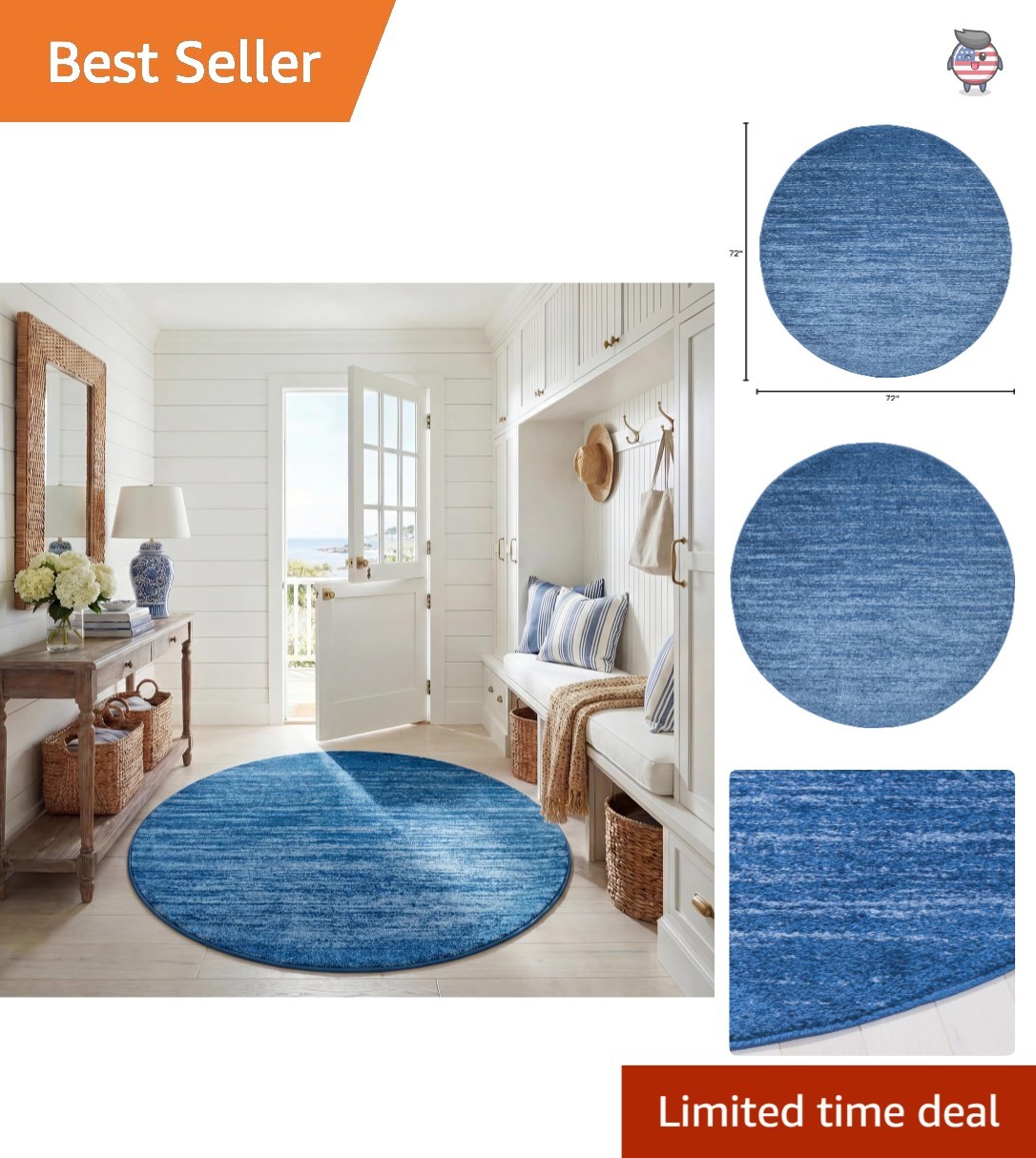 Adirondack 6′ Round Area Rug – Elegant Light & Dark Blue Ombre, Stain Resistant