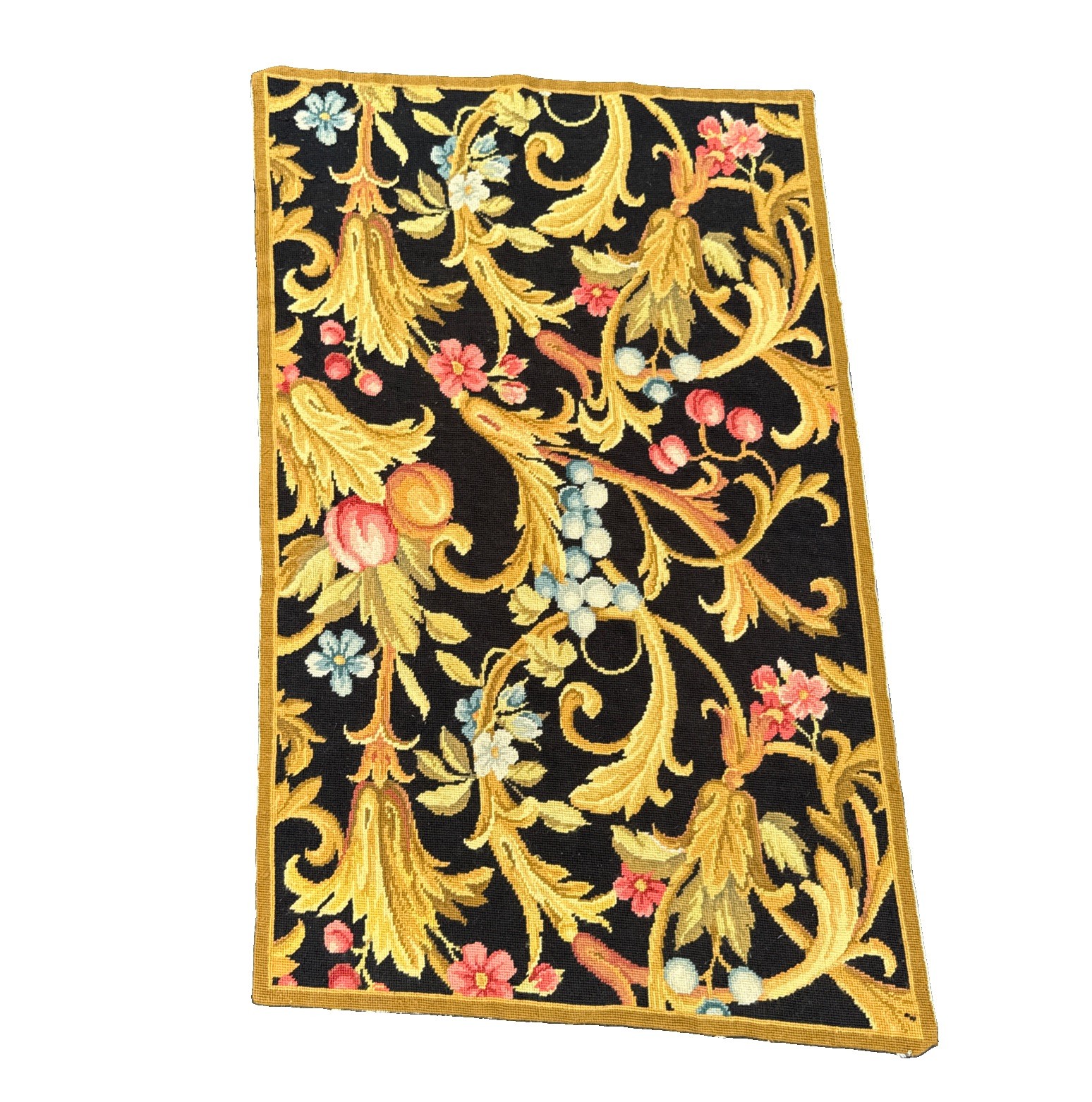 Needlepoint Black Hand-Woven 44″ X 27″ All-Over Floral English Garden Rug WARPED