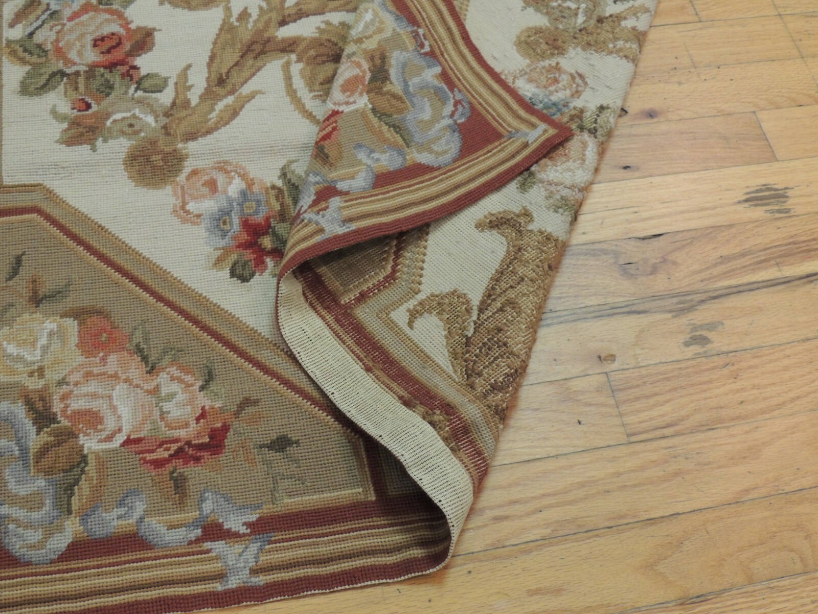 3×5 French Aubusson Needlepoint Area Rug Floral Beige Gold Blue Rust wool