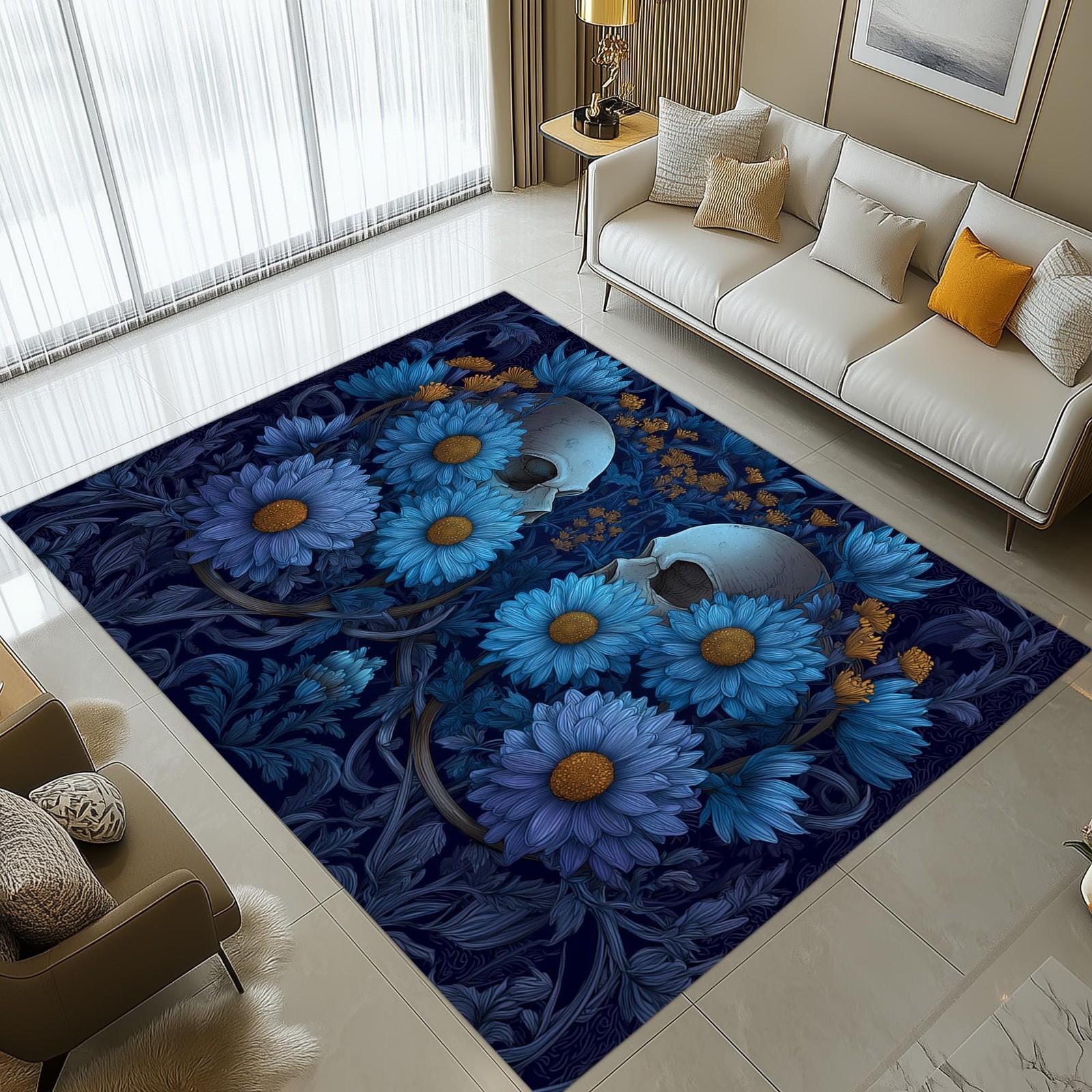 Gothic Skull Rug Blue Floral Dark Botanical Fantasy Room Decor