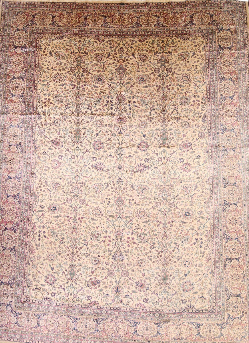 Antique Floral Kirman Ivory Wool Handmade Palace Size Rug Area Carpet 12×16