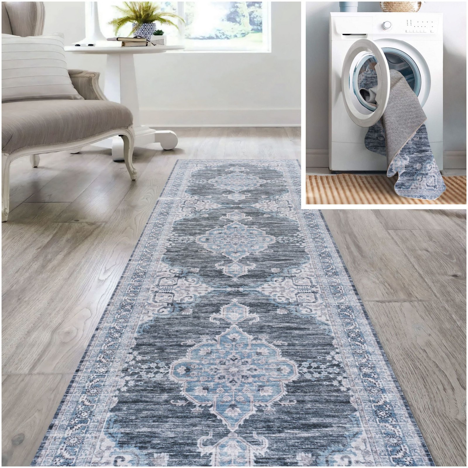 JONATHAN Y Lighting WSH202-28 Washable 2′ x 8′ Chenille – Gray / Blue / White