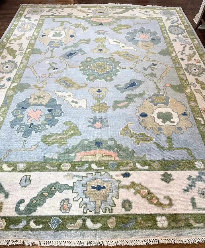 Green Blue Hand Knotted Oushak Rugs Turkish Wool Area Carpet 9×12 10×14 12×15 ft