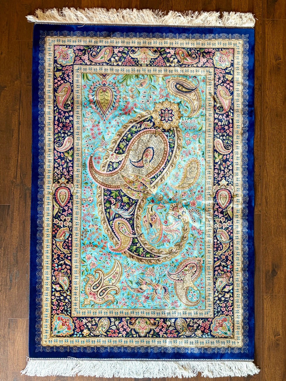 Traditional Turkish Paisley Floral Silk Area Rug | Turquoise Navy Accent Fringe