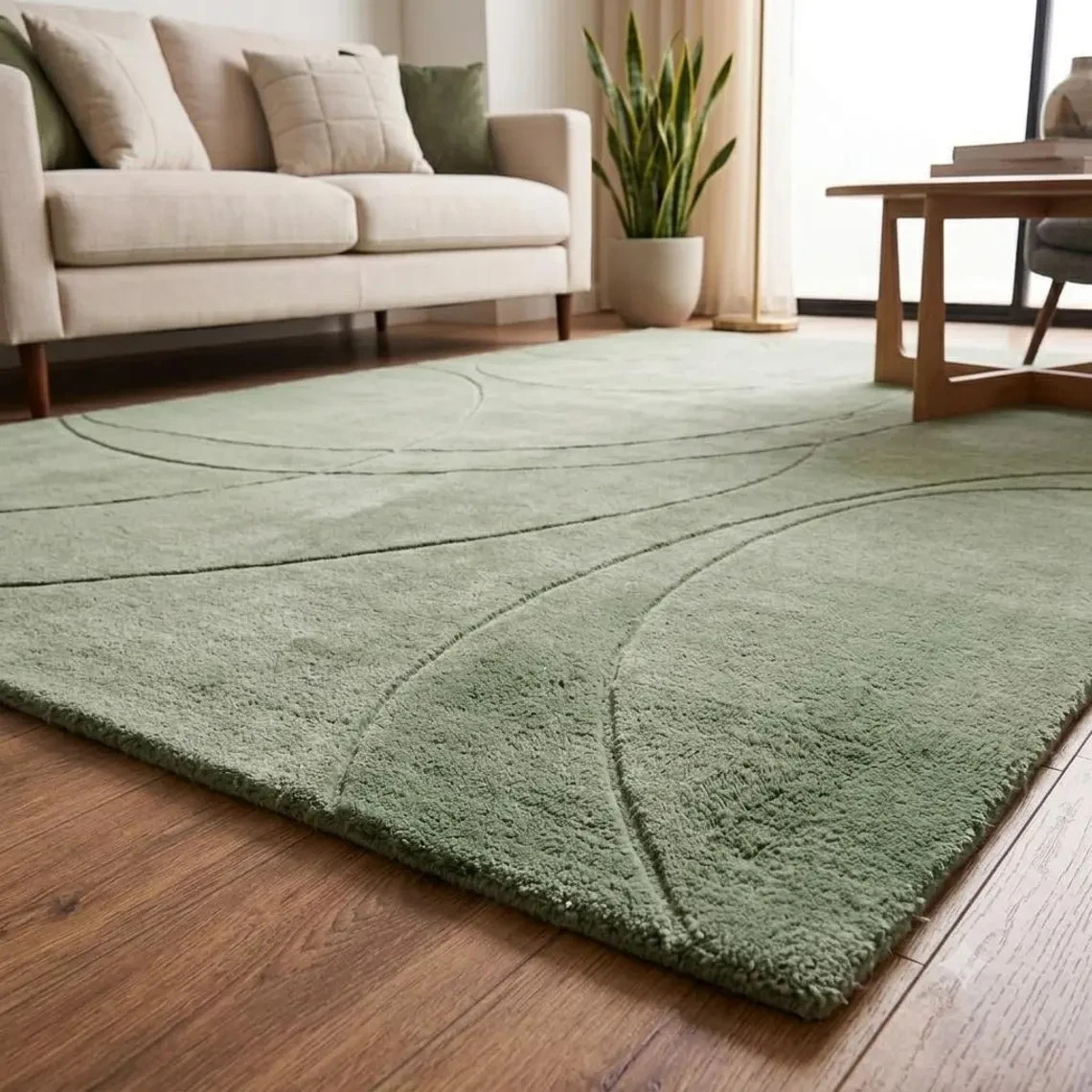 Sage Green Wool Area Rug – Hand Tufted Modern Abstract for Living Room Carpet