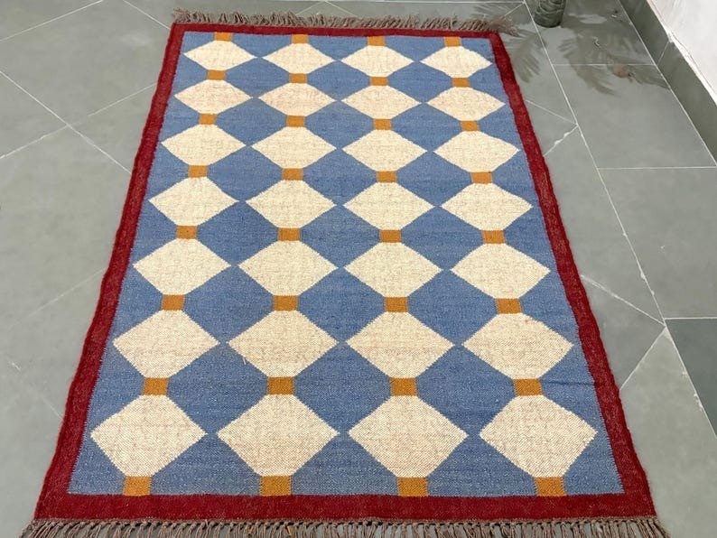 Handwoven wool jute kilim rug boho geometric Decor Custom Size Living Room, Bedr