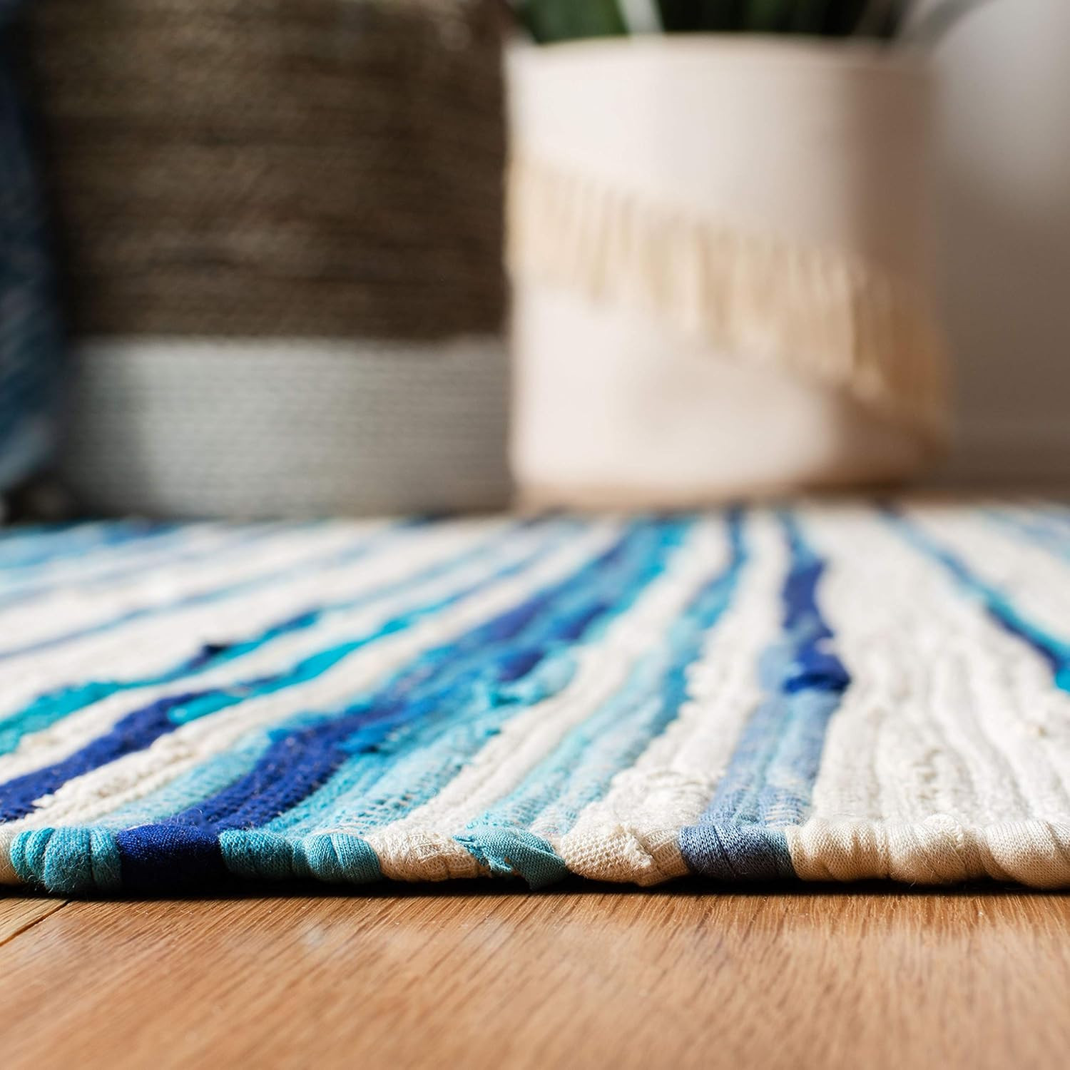Handmade Boho Stripe Rag Rug – 9′ x 12′, Ivory & Blue, Durable for High Traffic