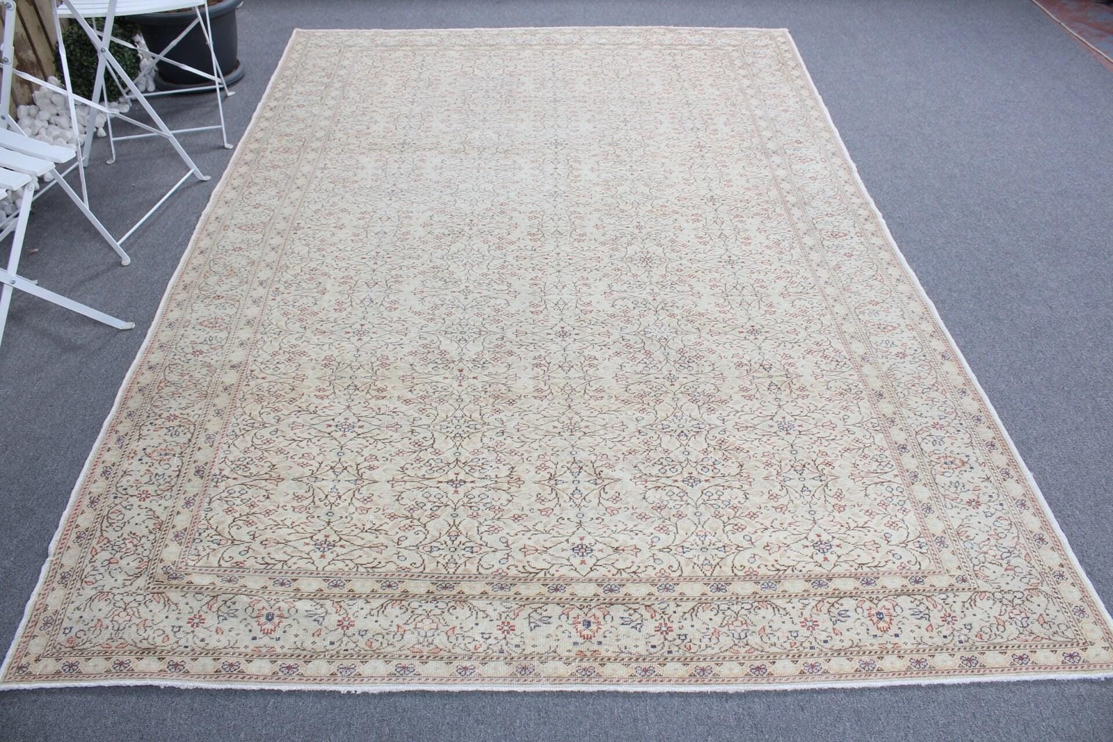 Turkish 6,3×9,4 ft Rug, Large Vintage Rug, Beige Brown Plants & trees Rug