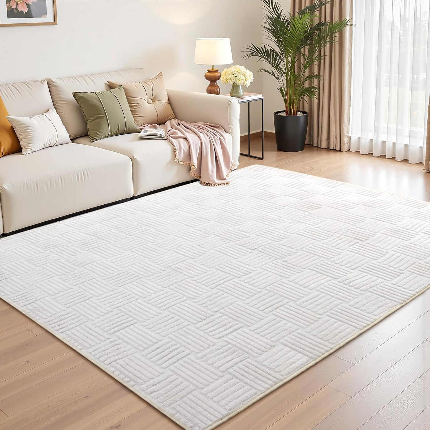 Modern Shag Area Rug, 4 X 6 Feet Cream White Washable Rug for Living Room Bedroo