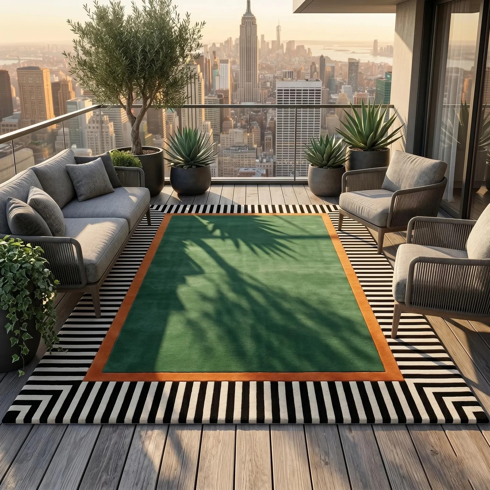 Solid Green Black White Rug, Striped Border Rug, Orange Frame Rug, Modern carpet