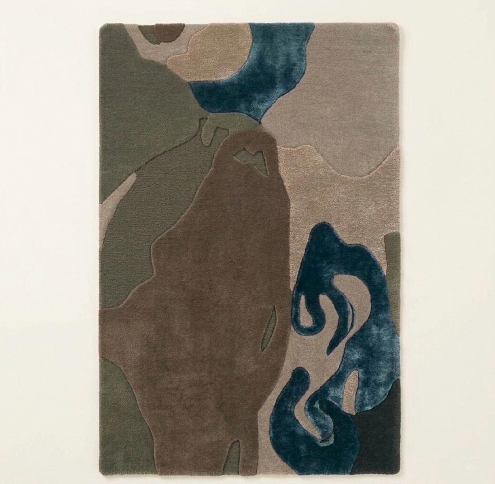Hand Tufted Wool Viscose Rug Modern Organic Shapes Earthy Moss Green Teal Carpet