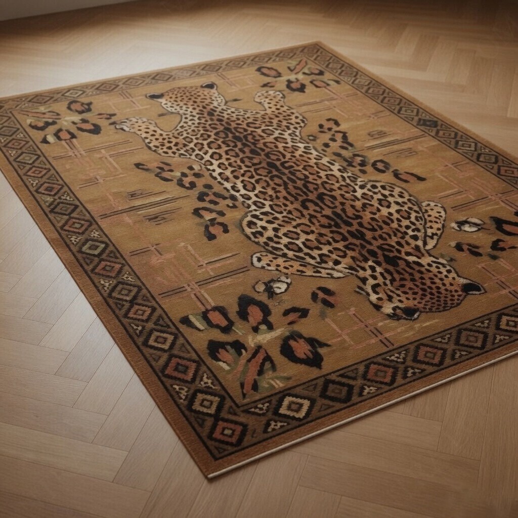Hand Tufted Wool Area Rug 8×10 Leopard Animal Print Safari Brown Carpet