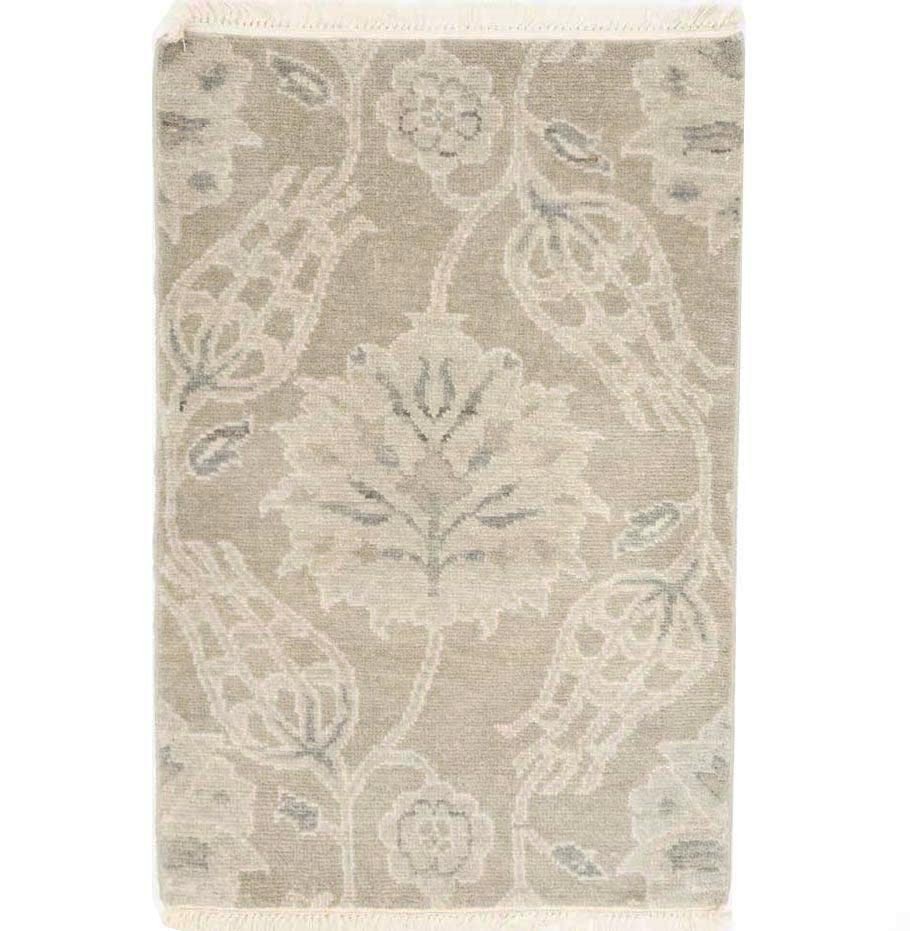 Hand-Knotted 2×3 Ft Modern Oriental Rug Tan Wool Floral Design Entryway Carpet