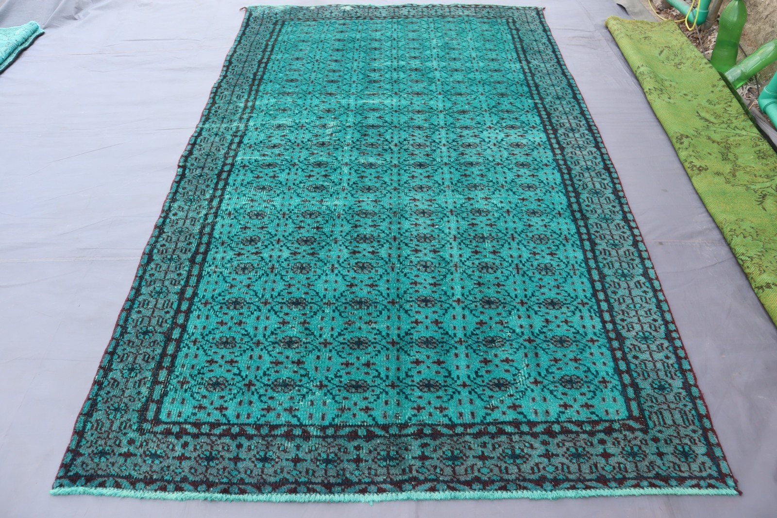 Turquoise Overdyed Rug 5’6×7’10 ft Afghan Handmade Floral Low Pile Kitchen Rug