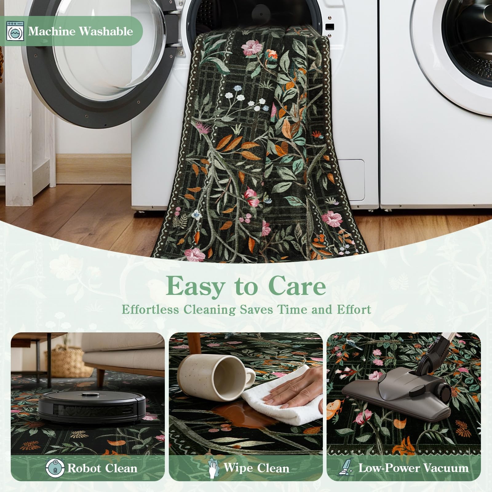 Black Boho 8×10 Area Rugs for Living Room, Washable Large Floral Rug Non Slip…